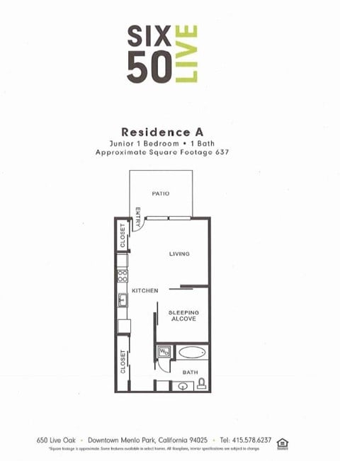 Floor plan for 1 bed, 1 bath, 637 sqft