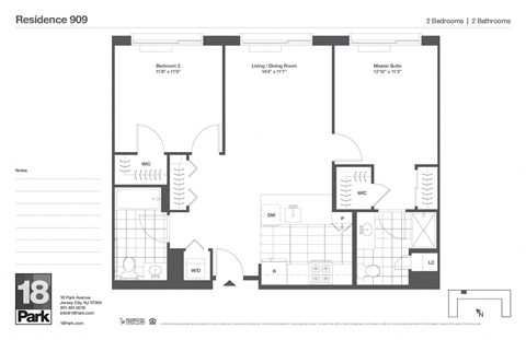 Floor plan for 2 beds, 2 baths, 979 sqft