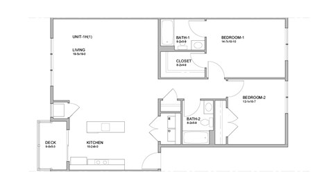 Floor plan for 2 beds, 2 baths, 1050 sqft