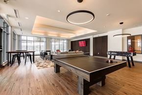 Woodstock apartment for rent - A ping pong table is in the middle of a room with a pool table and a bar.