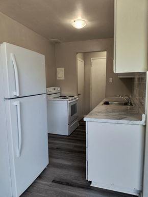 Brantford apartment for rent - A small kitchen with a white fridge and a white sink.