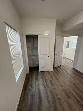 St. Louis apartment for rent - a bedroom with a closet and a hallway with wood flooring