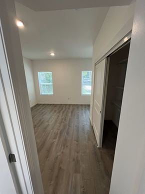 St. Louis apartment for rent - a renovated living room with hardwood floors and a closet