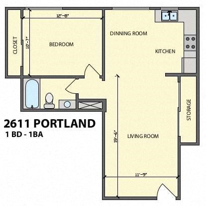 Floor plan for 1 bed, 1 bath, 800 sqft
