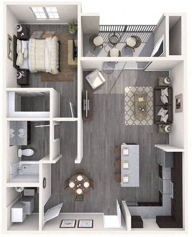 Floor plan for 1 bed, 1 bath, 891 sqft