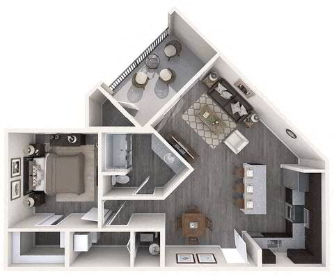 Floor plan for 1 bed, 1 bath, 869 sqft