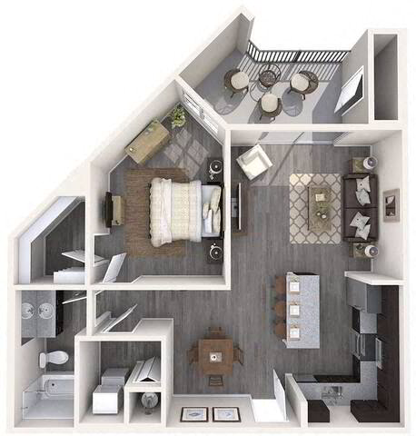 Floor plan for 1 bed, 1 bath, 866 sqft