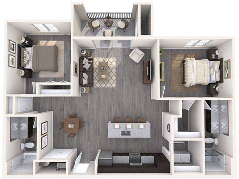 Floor plan for 2 beds, 2 baths, 1269 sqft