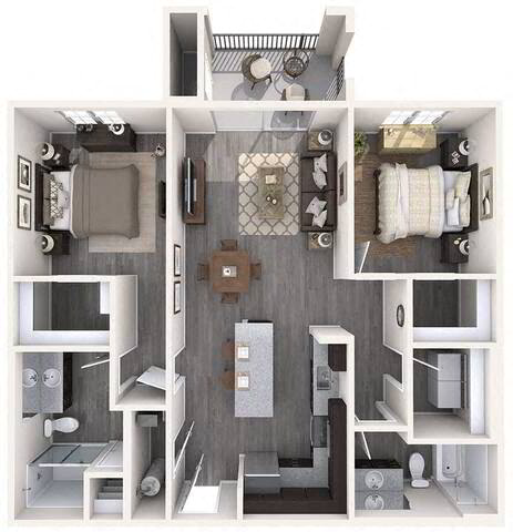 Floor plan for 2 beds, 2 baths, 1129 sqft