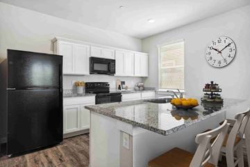 Leander apartment for rent - A black refrigerator is in a kitchen with a granite counter top.
