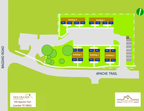 Leander apartment for rent - A map of New Village Townhomes shows the layout of the buildings and roads.