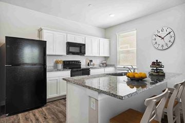 Hutto apartment for rent - A black refrigerator is in a kitchen with a granite counter top.
