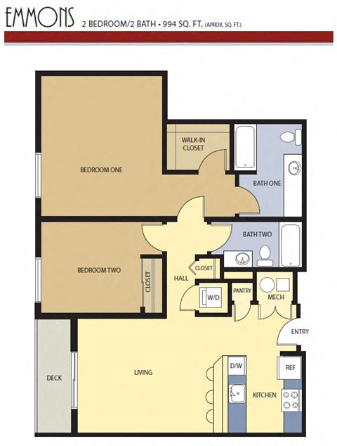 Floor plan for 2 beds, 2 baths, 1084 sqft