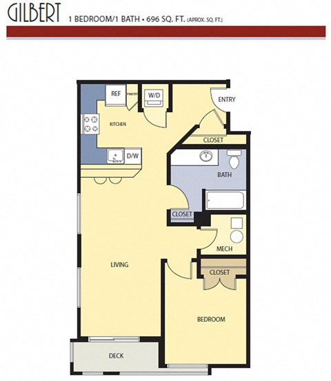 Floor plan for 1 bed, 1 bath, 696 sqft