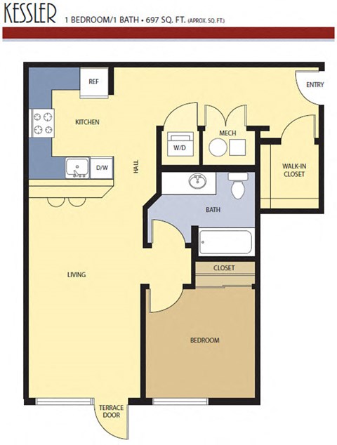 Floor plan for 1 bed, 1 bath, 697 sqft