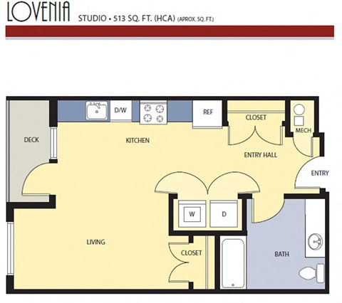 Floor plan for studio, 1 bath, 513 sqft