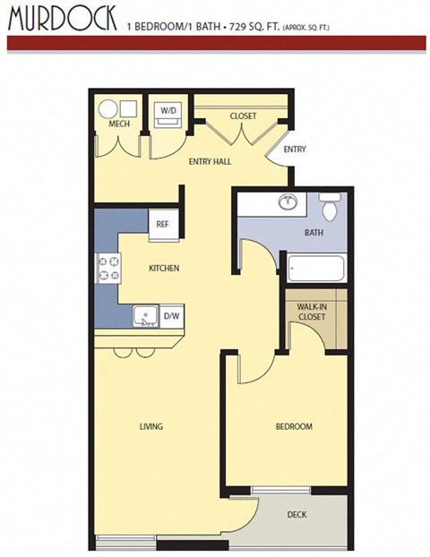 Floor plan for 1 bed, 1 bath, 729 sqft