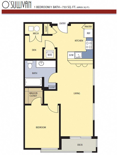 Floor plan for 1 bed, 1 bath, 733 sqft