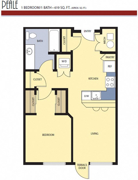 Floor plan for 1 bed, 1 bath, 619 sqft
