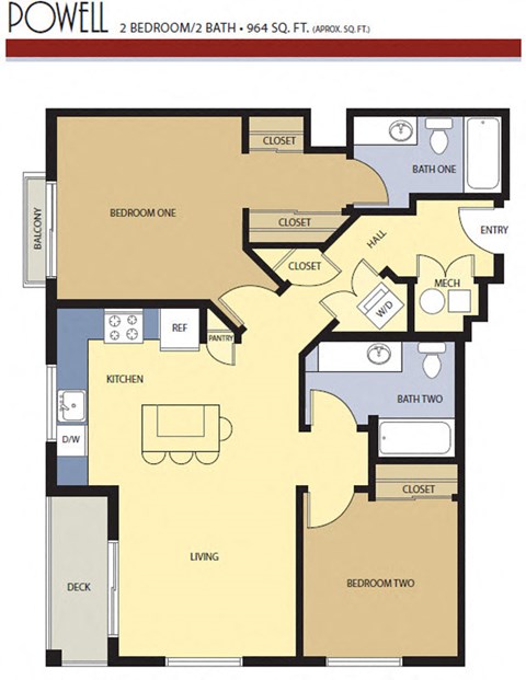Floor plan for 2 beds, 2 baths, 964 sqft