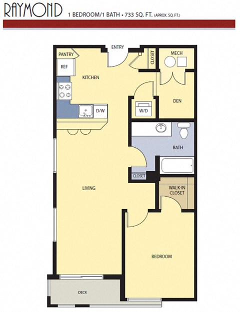 Floor plan for 1 bed, 1 bath, 733 sqft
