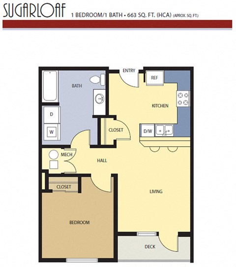 Floor plan for 1 bed, 1 bath, 663 sqft
