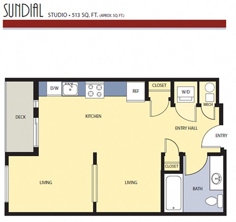 Floor plan for studio, 1 bath, 513 sqft