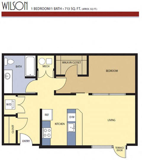 Floor plan for 1 bed, 1 bath, 713 sqft