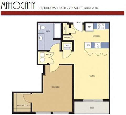 Floor plan for 1 bed, 1 bath, 715 sqft