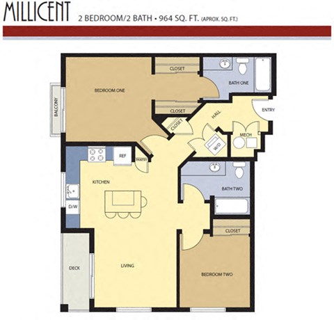 Floor plan for 2 beds, 2 baths, 964 sqft