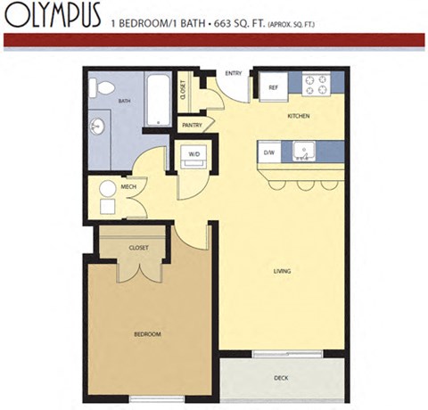 Floor plan for 1 bed, 1 bath, 663 sqft