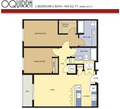 Floor plan for 2 beds, 2 baths, 994 sqft