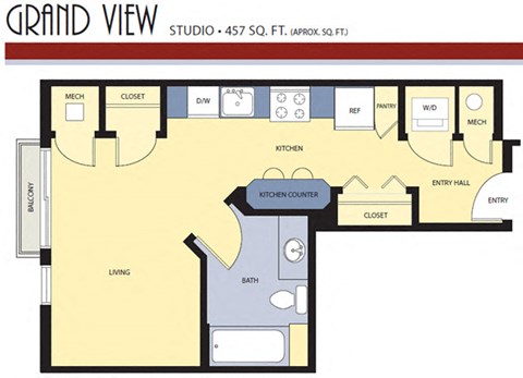 Floor plan for studio, 1 bath, 457 sqft