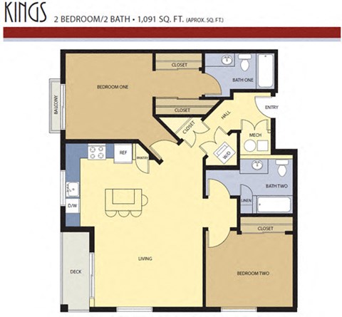 Floor plan for 2 beds, 2 baths, 1091 sqft