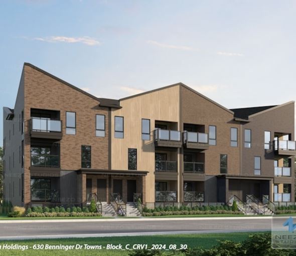 Kitchener apartment for rent - A modern building with a brown and beige facade and black accents.