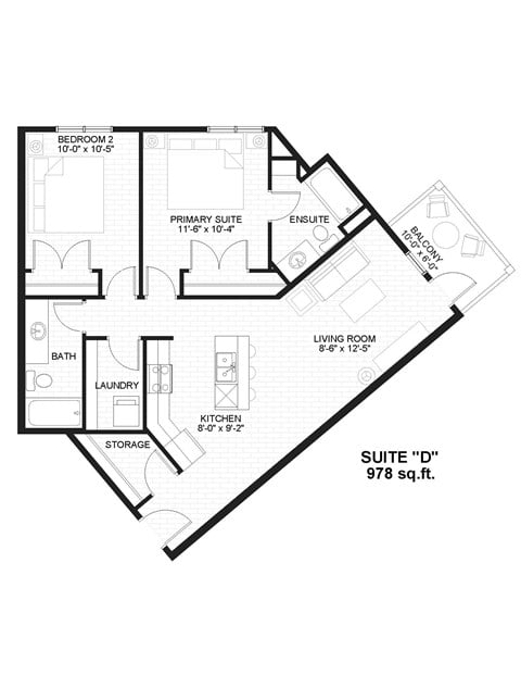 Floor plan for 2 beds, 2 baths, 889 sqft