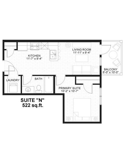 Floor plan for 1 bed, 1 bath, 491 sqft