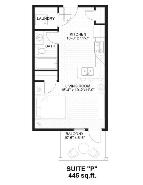 Floor plan for studio, 1 bath, 445 sqft