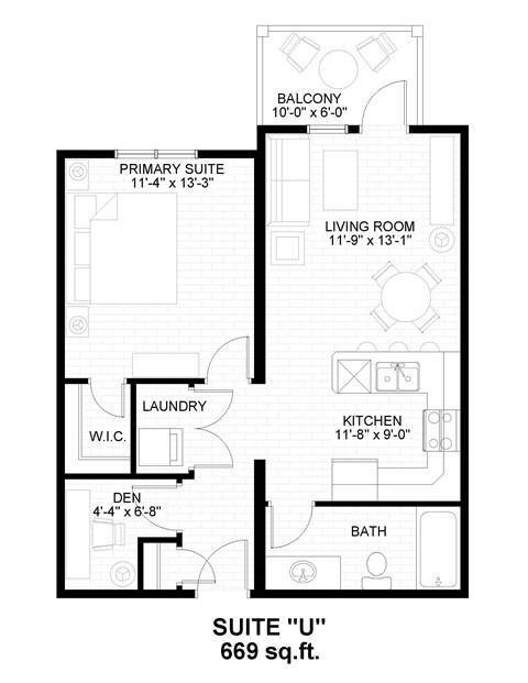 Floor plan for 1 bed, 1 bath, 672 sqft
