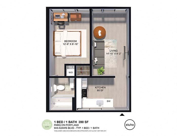 Floor plan for 1 bed, 1 bath, 390 sqft
