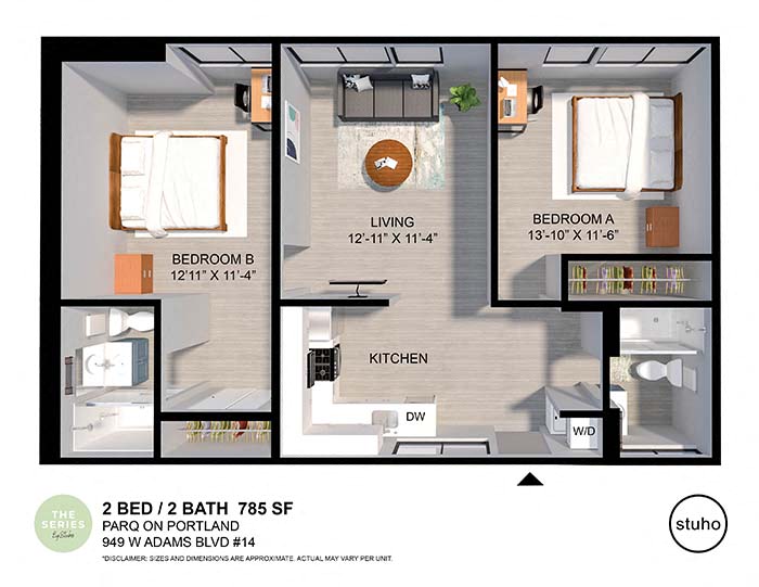 Floor plan for 2 beds, 2 baths, 790 sqft