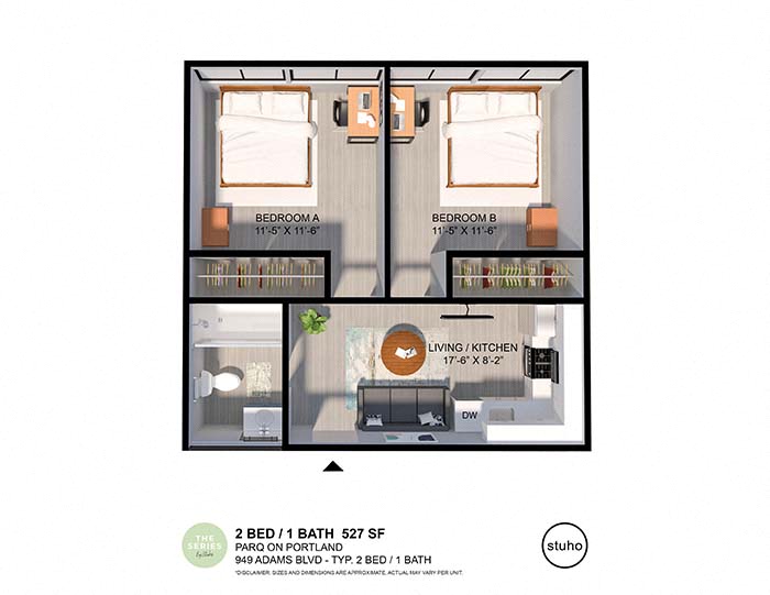Floor plan for 2 beds, 1 bath, 528 sqft