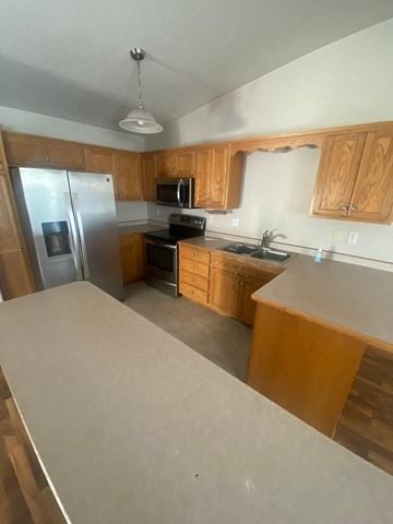 Moorhead apartment for rent - A kitchen with wooden cabinets and a stainless steel refrigerator.