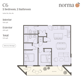 Victoria apartment for rent - A floor plan for a C6 2 Bedroom, 2 Bathroom suite at Norma.