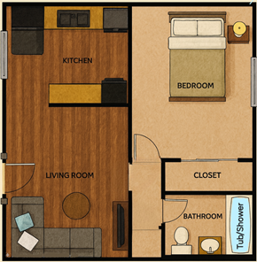 San Jose apartment for rent - A floor plan of a small apartment with a kitchen, living room, bedroom, closet, and bathroom.