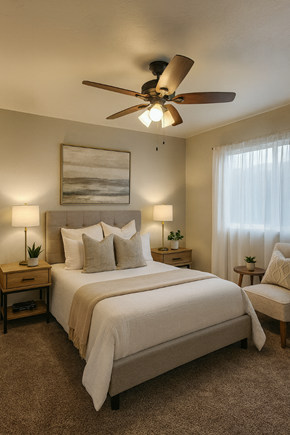 San Jose apartment for rent - A bedroom with a large bed and a ceiling fan.