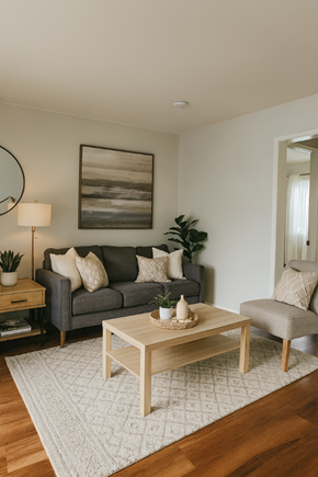 San Jose apartment for rent - A living room with a grey couch, a wooden coffee table, and a plant.