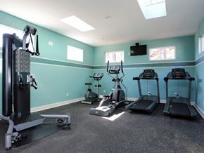 Hoover apartment for rent - A home gym with a variety of equipment including treadmills, elliptical machines, and a weight bench.