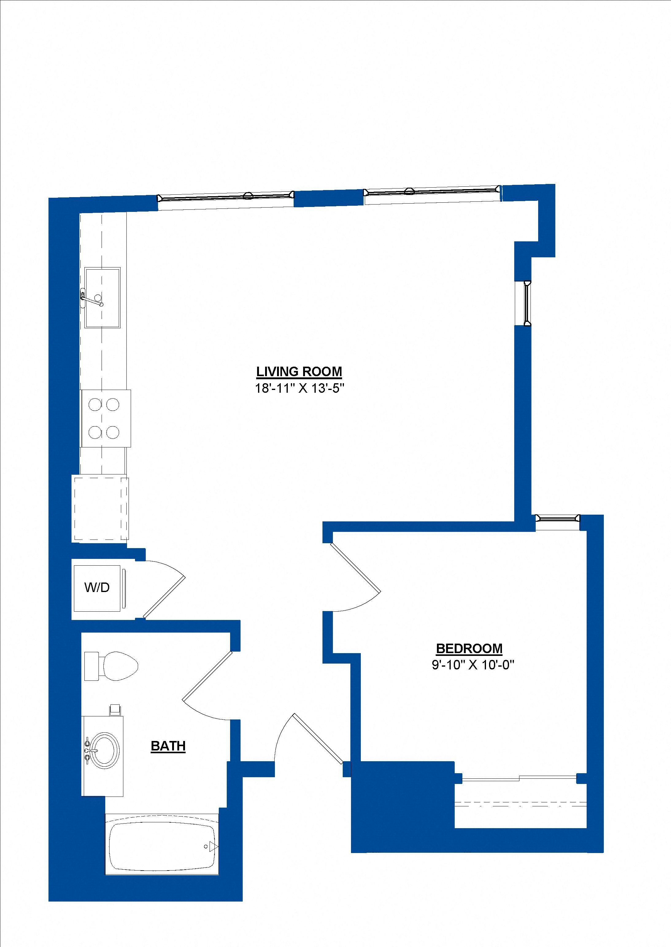 Floor plan for 1 bed, 1 bath, 629 sqft