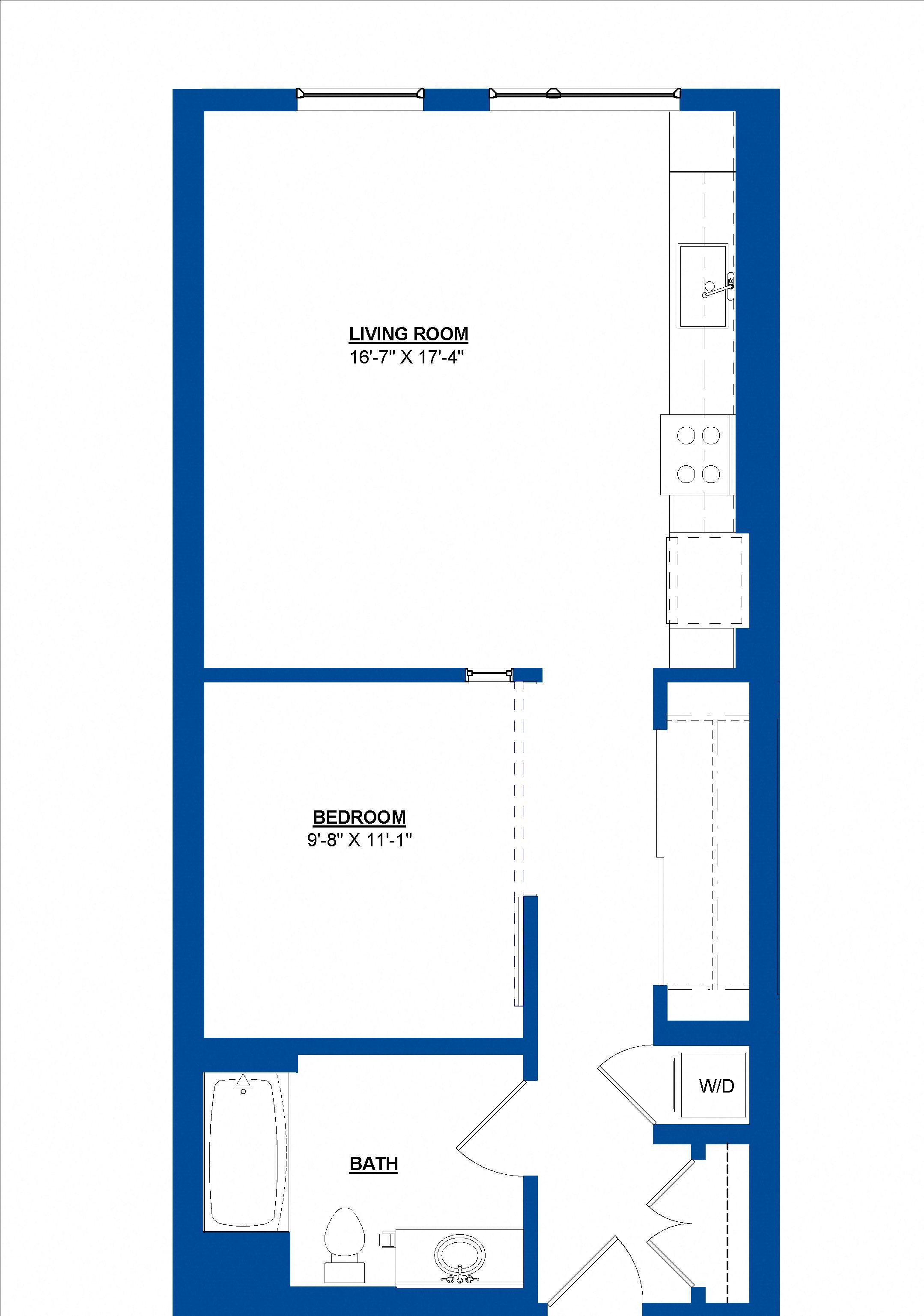 Floor plan for 1 bed, 1 bath, 690 sqft